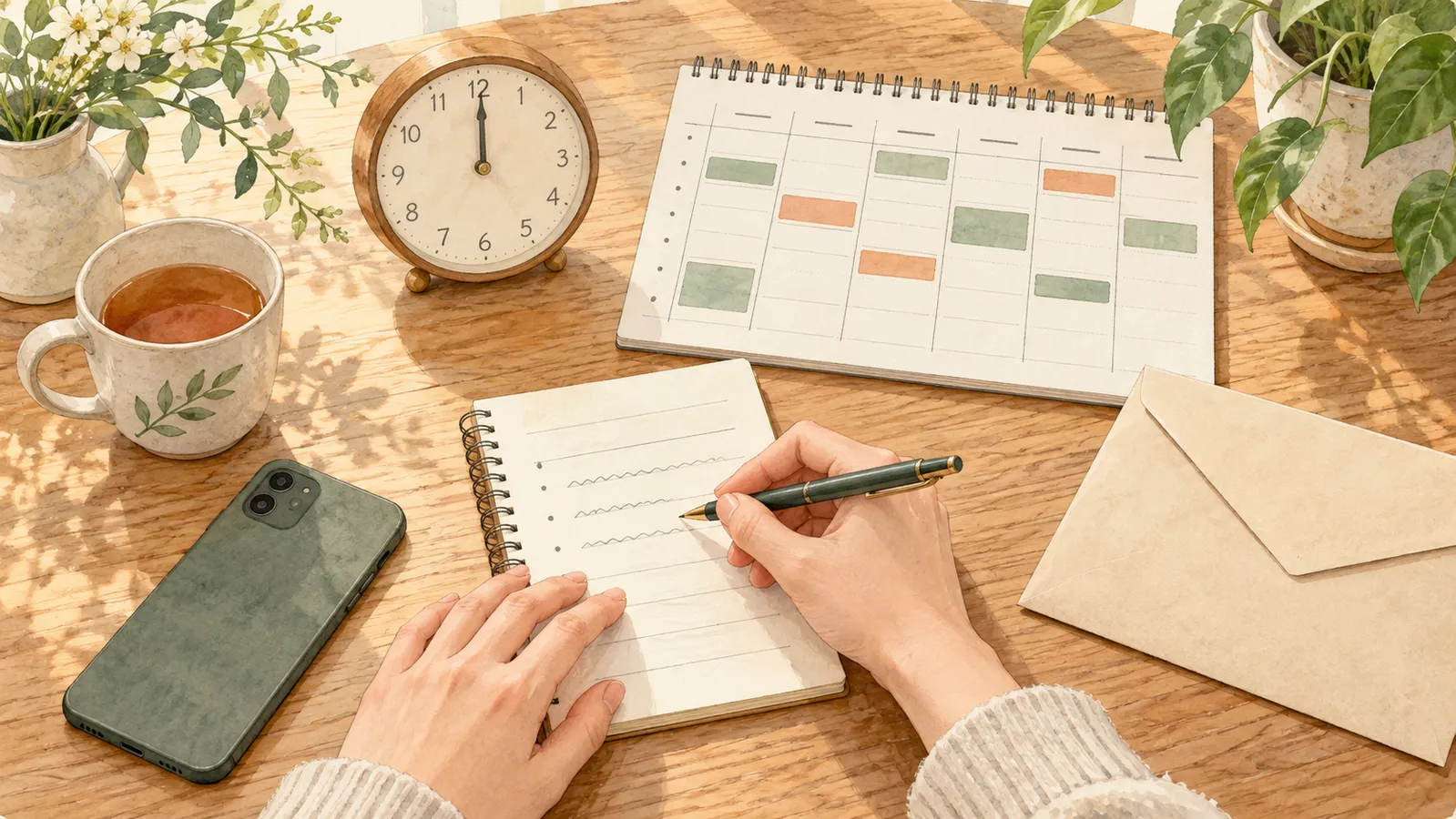 時計とカレンダーを見ながら連絡できる時間をノートに書く手元