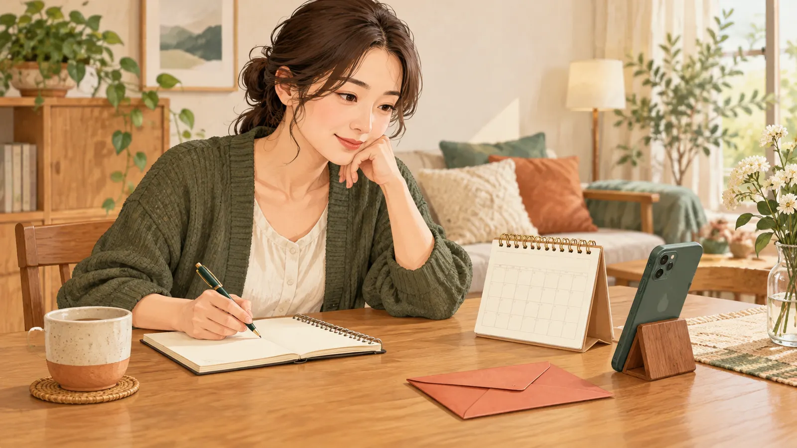 机に置いたカレンダーと封筒で電話を受けられる時間を整理する女性