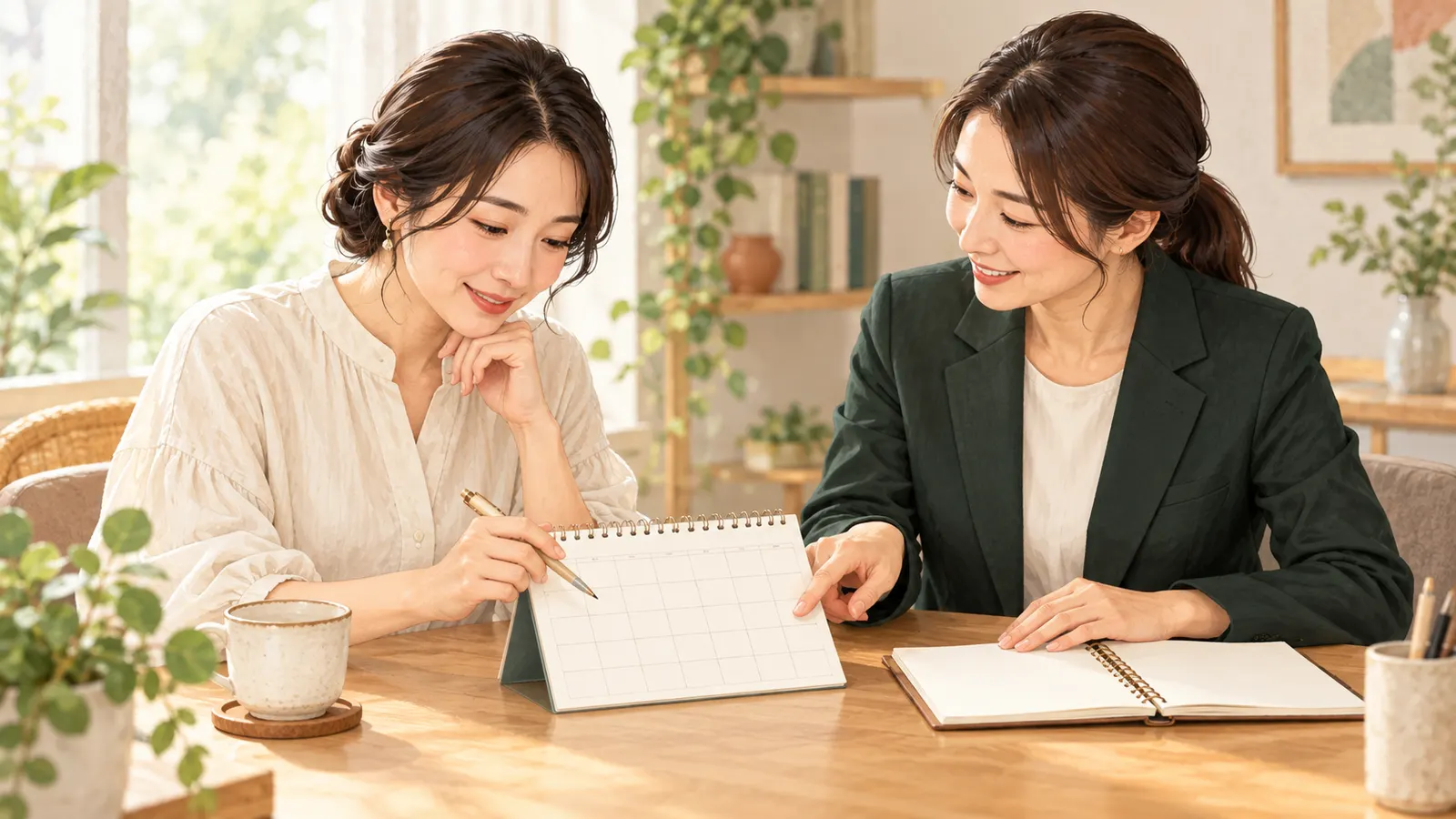 女性と相談担当者がカレンダーを見ながら調査日を調整する場面