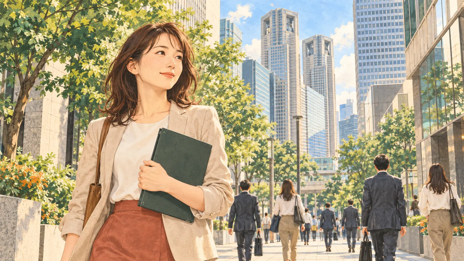 東京の街並みと通勤する人を描いた落ち着いた風景