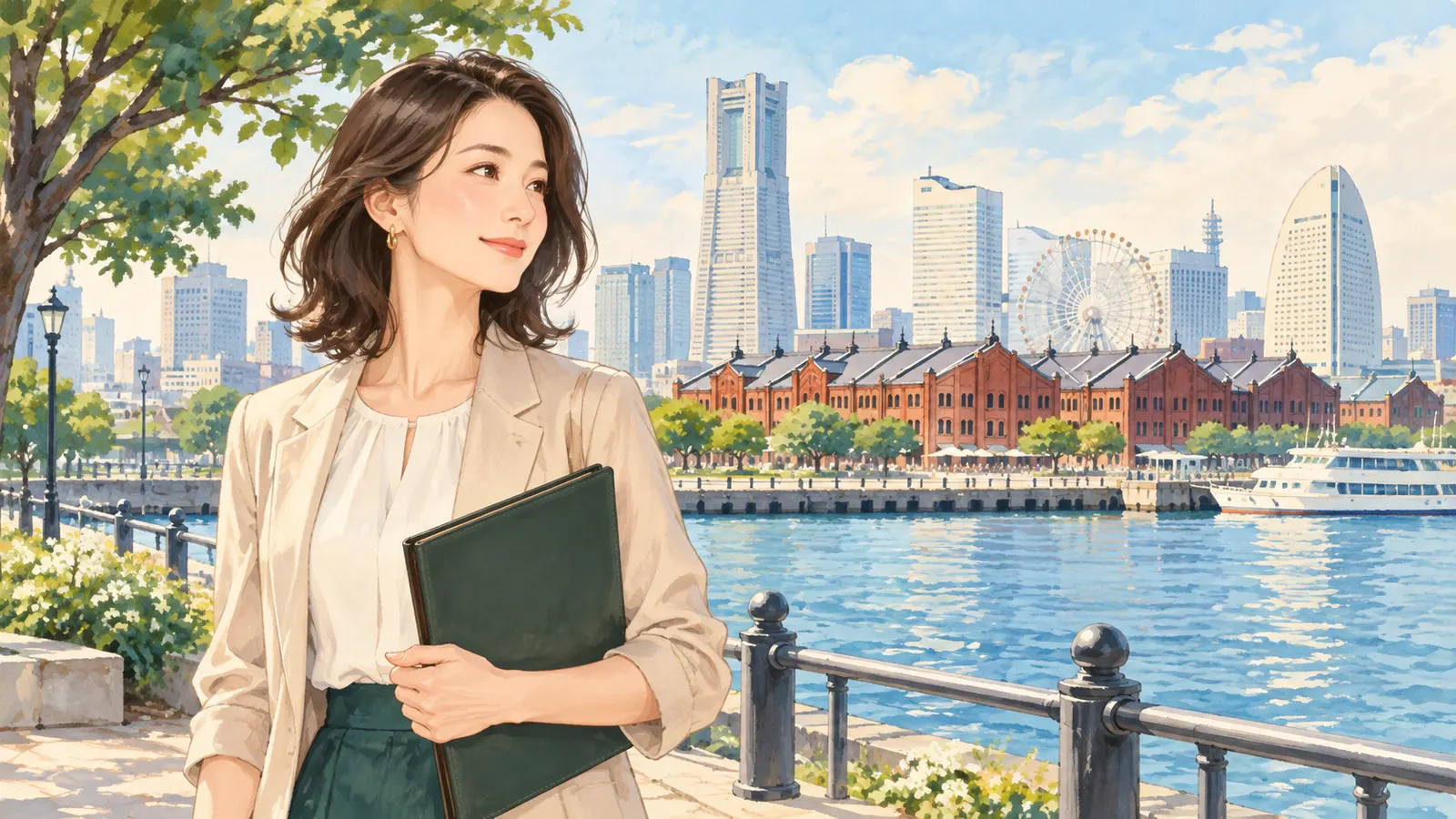 横浜の港と街並みを描いた穏やかな風景