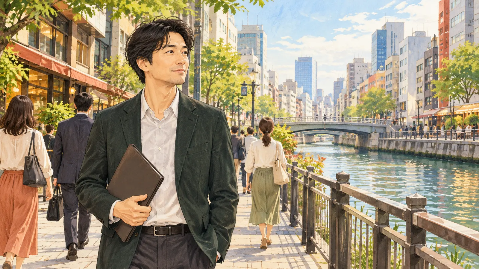 大阪の街と川を描いた落ち着いた都市の風景