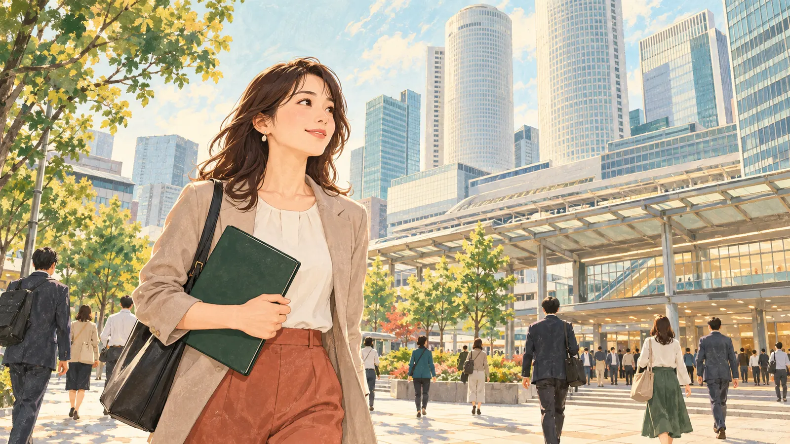 名古屋の駅周辺と通りを描いた穏やかな都市の風景