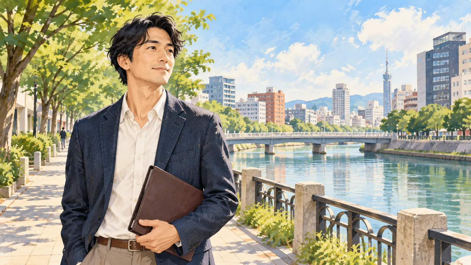 福岡の街と水辺を描いた穏やかな都市の風景