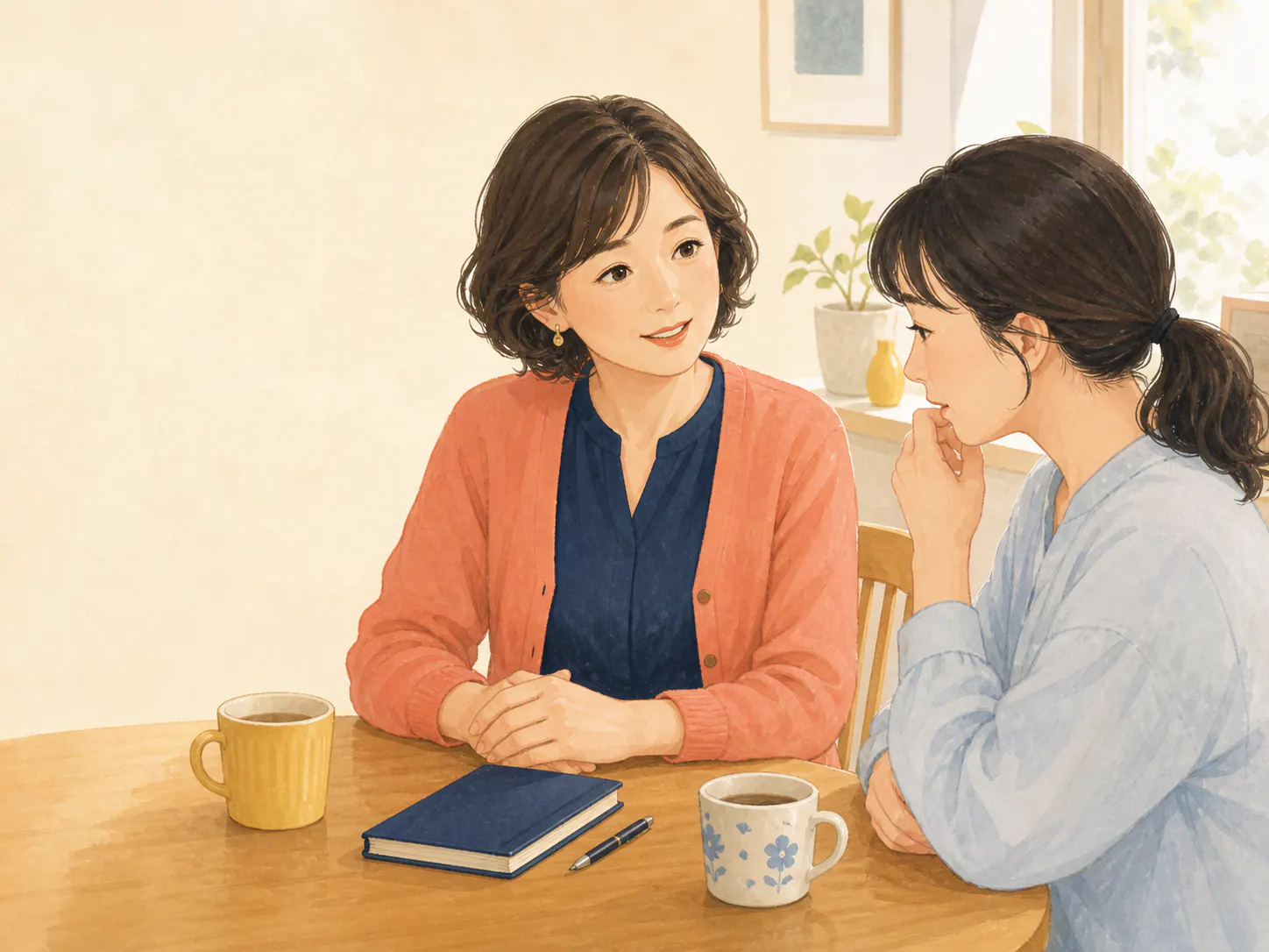 相談者の話をテーブル越しに聞くユキエ